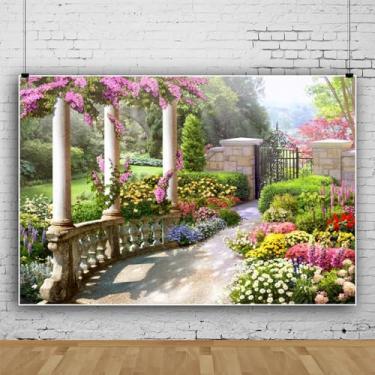 Imagem de Pano de fundo romântico de jardim secreto colorido, flores desabrochando, plantas verdes, tema de jardim de primavera, decorações de festa de casamento, adereços de cabine fotográfica, vinil 3 x 2 m