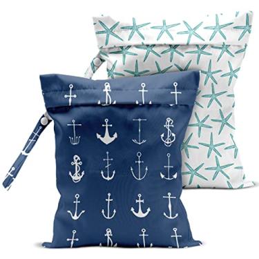 Imagem de zcyxuuw Adulto Unissex 2 Peças Bolsa Molhada, Bolsa Seca Molhada, Bolsa Molhada para Maiô, Viagem, Praia, Piscina, Carrinho, Fraldas, Roupas Sujas de Ioga, Produtos de Higiene Pessoal, Bolsa de Maquiagem, Bolsa de Praia Ocean Starfish Anchor Décor Presente de Aniversário Para.