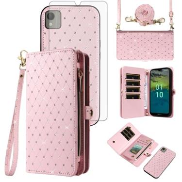 Imagem de Asuwish Capa de celular para Nokia C110 carteira com zíper destacável com protetor de tela de vidro temperado alça transversal alça com glitter flip porta-cartão slot C 110 4G N156DL mulheres meninas