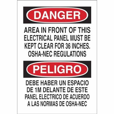 Imagem de Brady Placa bilíngue de fibra de vidro premium 39576, 50,8 cm x 35,5 cm, legenda "Área na frente deste painel elétrico deve ser mantida clara para regulamentos OSHA-Nec de 91 cm/Debe Haber Un Espacio