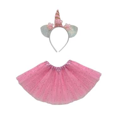 Imagem de Fantasia unicórnio completo tiara linda + saia 40cm glitter (Tiara Rosa)