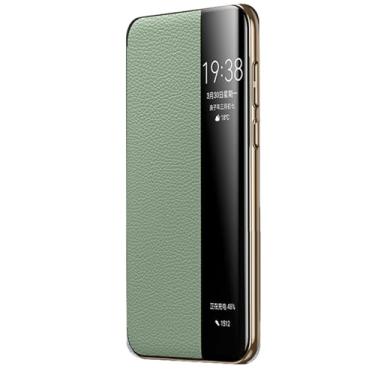Imagem de LTLMYDAM Verde, 70 Pro, capa de couro genuíno para Huawei Pura 70 Ultra/70 Pro/70 Pro+/70, Smart Flip View Business Slim Cover Slide para atender chamadas