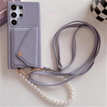 Imagem de Bolsa de couro para cartão para Samsung S23 S24 Plus Ultra S23FE Zflip 4 5 A35 A55 capa à prova de choque pulseira de pérola cordão, roxo escuro, para S23 Plus