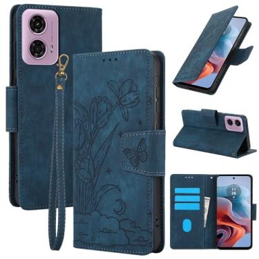 Imagem de Capa carteira de couro com padrão floral para Motorola Moto G24, com 3 compartimentos para cartão e alça de pulso para mulheres, design de TPU à prova de choque com fecho magnético (azul)