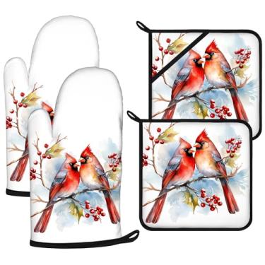 Imagem de Conjunto de luvas de forno e suportes de panela Red Cardinal Birds 4 peças, luvas de forno extralongas para cozinha, cozinhar, assar, churrasco, 100% algodão, resistente ao calor