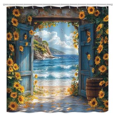 Imagem de PZMPZM Cortina de chuveiro para porta de celeiro de praia, verão, oceano, litoral, rústico, girassol, casa de fazenda, paisagem da natureza ocidental, cortinas de tecido de poliéster para casa de