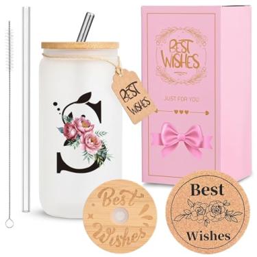 Imagem de Copo de vidro inicial personalizado para mulheres, copo de vidro HWJH de 473 ml com tampas e canudos, conjunto de presente monogramado, copo reutilizável fosco com caixa de presente e porta-copos de