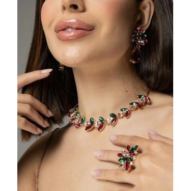 Imagem de Kit Colar, Anel Regulável e Brinco Verde, Nude e Rosa Pink Stella - Ma