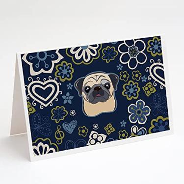 Imagem de Caroline's Treasures BB5113GCA7P Cartões de felicitações pug com flores azuis e envelopes, pacote com 8, 7 x 5, multicolorido