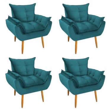 Imagem de Kit 4 Poltronas Decorativa Opala Pés Palito Veludo Azul Turquesa Chamb