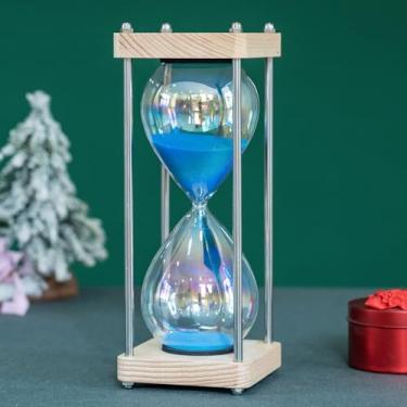 Imagem de Temporizador de areia de ampulheta grande de 60 minutos, vidro pastel macaron e base de madeira de carvalho natural, decoração minimalista moderna para escritório e mesa (azul macaron)