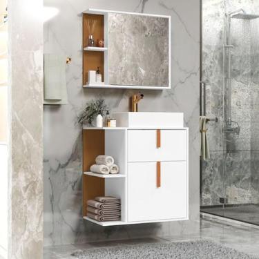 Imagem de Kit Banheiro Espelho com Armario e Cuba Margô cor Branco / Nature - Co