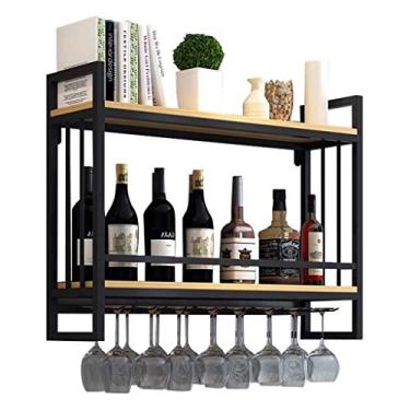Imagem de CUTPOIY Prateleiras de vinho vintage de 2 camadas com suporte para garrafa ou vidro, rack de taças de metal para pendurar na parede industrial, prateleiras flutuantes de madeira, prateleira de