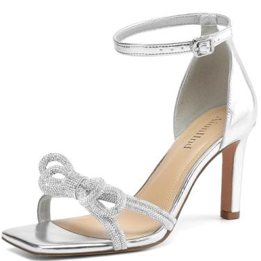 Imagem de AIUNIIND Sapato social feminino com laço duplo, bico aberto, tira no tornozelo, strass para festas e casamentos, Prata, 38