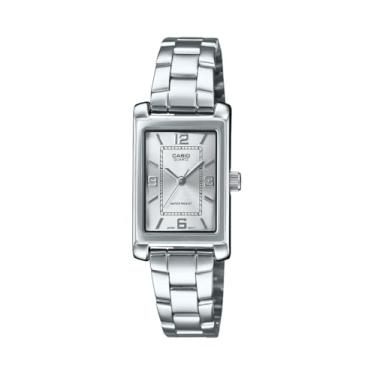 Imagem de Casio LTP-1234DD-7A Relógio social feminino retangular padrão clássico de aço inoxidável com mostrador prateado, Azul
