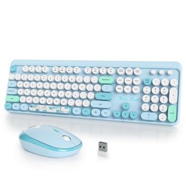 Imagem de iTastatur Combo de teclado e mouse sem fio para máquina de escrever, 2,4 G, escritório, 104 teclas, retrô, punk, tamanho completo, lindo teclado azul com teclas redondas para laptop, PC, desktops