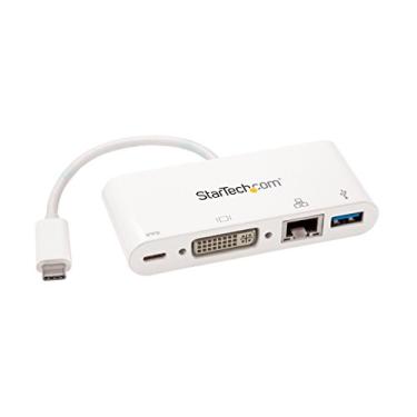 Imagem de StarTech.com Adaptador USB C multiportas – com entrega de energia (USB PD) – USB C para USB 3.0/DVI/Gigabit Ethernet – Hub USB-C (DKT30CDVPD)