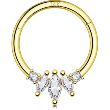 Imagem de OUFER Anéis de septo 16G, anel de septo de ouro maciço 14K, joia de septo de zircão olho de cavalo transparente, joia de piercing Daith de segmento articulado, brincos Daith de 10 mm para mulheres e