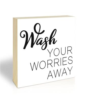 Imagem de Sinais engraçados de bloco de madeira de 12,7 x 12,7 cm - lave suas preocupações - Decoração de mesa para casa de banho, prateleira de banheiro, sinal de caixa de madeira minimalista, presentes para