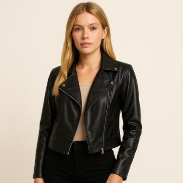 Imagem de Casaco Jaqueta Couro Preto Com Zíper Inverno Frio Moda Feminina Tendên