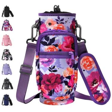 Imagem de AceTreker Bolsa Para Garrafa De Água, Neoprene 32 Oz/40 Oz Com Alça Destacável, Metal Cantil, Bolso Celular Academia, Esporte, Pesca - Flor Roxa