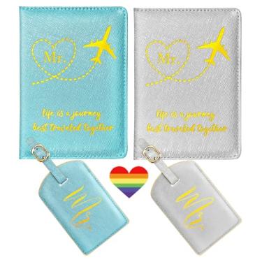 Imagem de Slohif Conjunto de porta-passaporte e etiqueta de bagagem Mr and Mr – Orgulho LGBTQ, acessórios de viagem para lua de mel, presentes de casamento e dia dos namorados para casais gays, Azul, prata