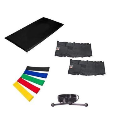 Imagem de Kit Colchonete Preto + Par de Caneleira De Peso 6kgs + 5 Mini Band Elá