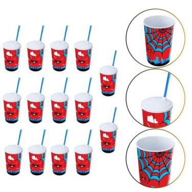 Imagem de Kit 14 Copo de Plástico 550 ML Herói Homem Aranha Com Canudo - Arqplas