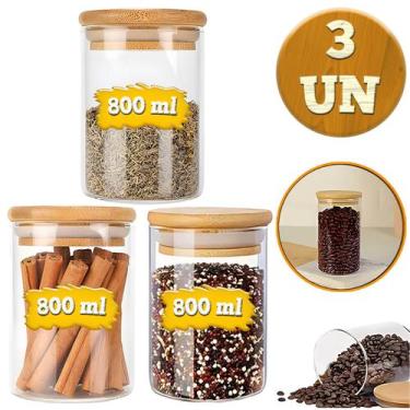 Imagem de Jogo De Potes De Vidro Frasco Hermético Tampa De Bambu Natural Condime