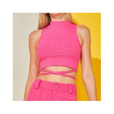Imagem de Blusa cropped canelado gola alta cavado feminino amarração na cintura 