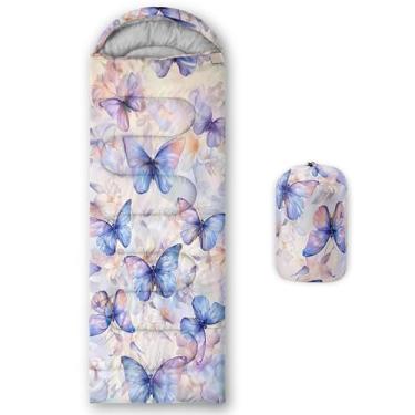 Imagem de Smell Sunshine Saco de dormir infantil para meninos e meninas, estampa de borboleta azul, leve, quente, portátil, uso interno, impermeável, resistente ao clima frio, saco de dormir para acampamento e