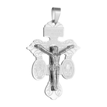 Imagem de COTTVOTT Crucifixo de indulgência de perdão com São Bento e Medalha Milagrosa Tripla Ameaça Crucifixo Criação de Colar Pingente Cruz, Mulheres Homens Católica Pingente de Cruz (Cor Prata)