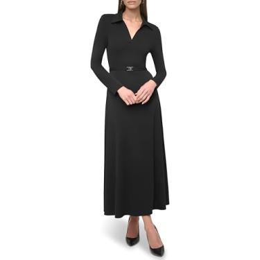 Imagem de DKNY Vestido longo feminino de manga comprida com gola e fivela franzida e cinto, Preto, 46