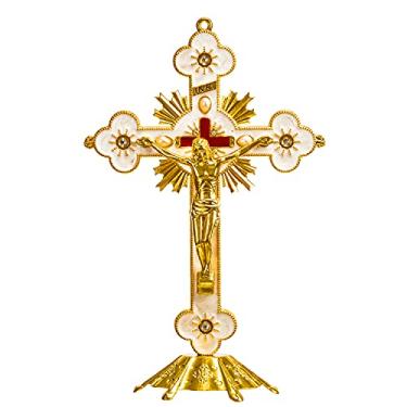 Imagem de Calculs Cruz de mesa de crucifixo de Jesus de metal - cruz de mesa católica com suporte para orações cristãs Jerusalém decoração de casa 20 cm ouro