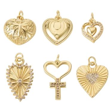 Imagem de Spritewelry 6 pingentes de coração banhados a ouro 18 K, pingentes de coração sagrado de zircônia cúbica, pingentes de coração sagrado com anéis de salto para fazer joias, colar faça você mesmo
