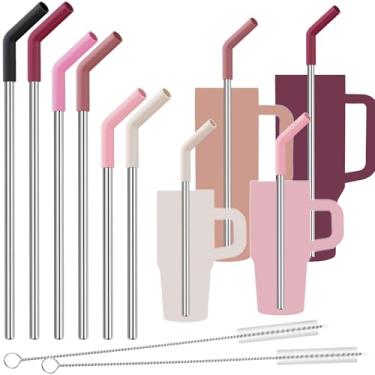 Imagem de Tomorotec Pacote com 6 canudos reutilizáveis de aço inoxidável com ponta de silicone, 3 tamanhos, canudos de metal adequados para copos Stanley Quencher 1,134 g, 850 g, 597 g, 400 ml, escovas de