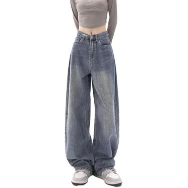 Imagem de Moda Coreana Y2k Retro Perna Larga Cintura Alta Reta Streetwear Estilo Calças Jeans Azul Calças Jeans Largas Femininas, Blue, L