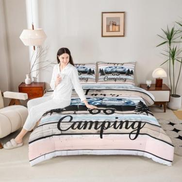 Imagem de Manfei Jogo de cama solteiro Happy Camping, acampamento camuflado, 2 peças, com prancha de madeira para todas as estações, decoração de quarto de crianças, meninos e adolescentes, 1 fronha, sem lençol