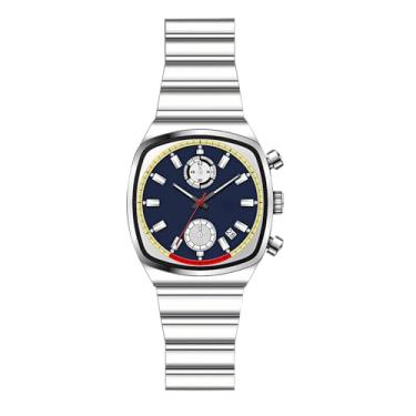 Imagem de Relógio masculino quadrado Fashion Business Luminoso à prova d'água com calendário e cronógrafo – Elegante relógio de pulso dourado e prata pulseira de aço inoxidável, Prateado, azul, Negócios