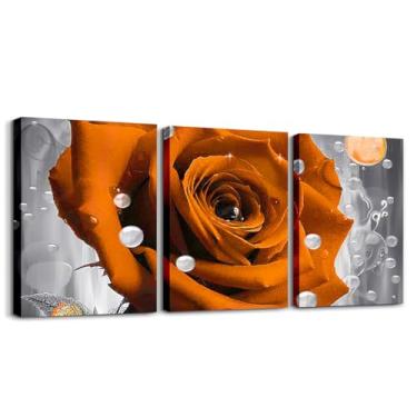 Imagem de Feelyou Arte de parede em tela rosa 3D laranja para quarto 30,5 x 40,6 cm x 3 peças decoração de parede com imagem de borboleta meninos meninas gota de água pérola impressão floral rosa arte de parede