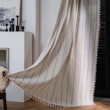 Imagem de Cortinas listradas de linho natural mescladas para casa de fazenda semitransparentes para sala de estar com filtragem de luz boho painéis cortinas com borla estilo country vintage conjunto de 2