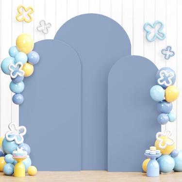 Imagem de Conjunto de 3 capas de arco de elastano com arco azul empoeirado, 1,8 m, 1,8 m, painéis de fundo de arco Chiara, topo redondo, elástico para chá de panela, balão, festa de aniversário, decoração de