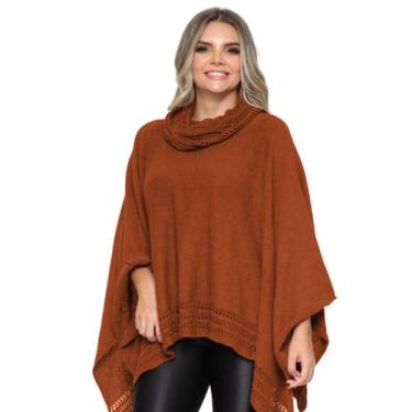 Imagem de Poncho Feminino Tricot Mousse Liso Gola Alta Casaco Lã Inverno - Rosil