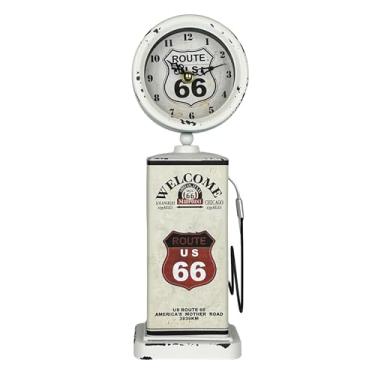 Imagem de Lily's Home Relógio de manto antiquado Route 66 com bomba de gás, silencioso, sem tique-taque com movimento de quartzo, é um presente ideal para colecionadores de placas antigas, branco (33 x 11 cm)