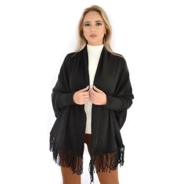 Imagem de Casaco Feminino Tricô Capa Kimono Tricot com Franjas Livora, Único, Pr