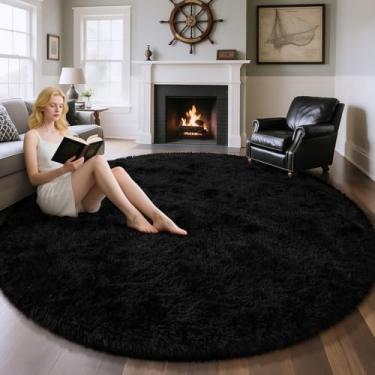 Imagem de EVOIONOS Tapete redondo preto para quarto, 1,8 x 1,8 m, tapetes macios para sala de estar, tapete circular felpudo de pelúcia para piso interno, cabeceira, berçário, lavável na máquina, decoração de