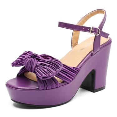 Imagem de fereshte Sandália feminina plissada com laço e salto grosso, salto alto, bico aberto, tira no tornozelo, Roxa, 40