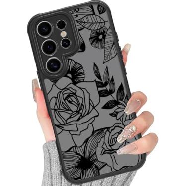 Imagem de Yomjew Lindas Linhas Pretas Flor Capa de Telefone para Samsung Galaxy S24 Ultra 5G Feminino Capa Feminina 17.3 cm, Estampa Floral Rosa Estética Design Translúcido Fosco Capa Silicone Rígido PC
