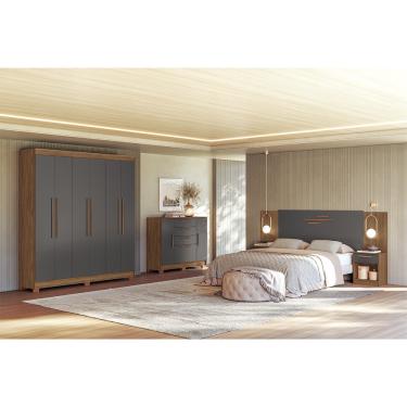 Imagem de Quarto de Casal com Guarda-Roupas 6 Portas Cômoda e Cabeceira Horácio Estilo MM - Jatoba/Grafitte