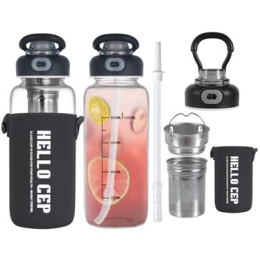 Imagem de wangsdjy Garrafa de água de vidro de 1000 ml com canudo, infusor e manga protetora, garrafas de bebida de grande capacidade sem BPA para bebidas quentes ou frias, perfeitas para academia, casa e